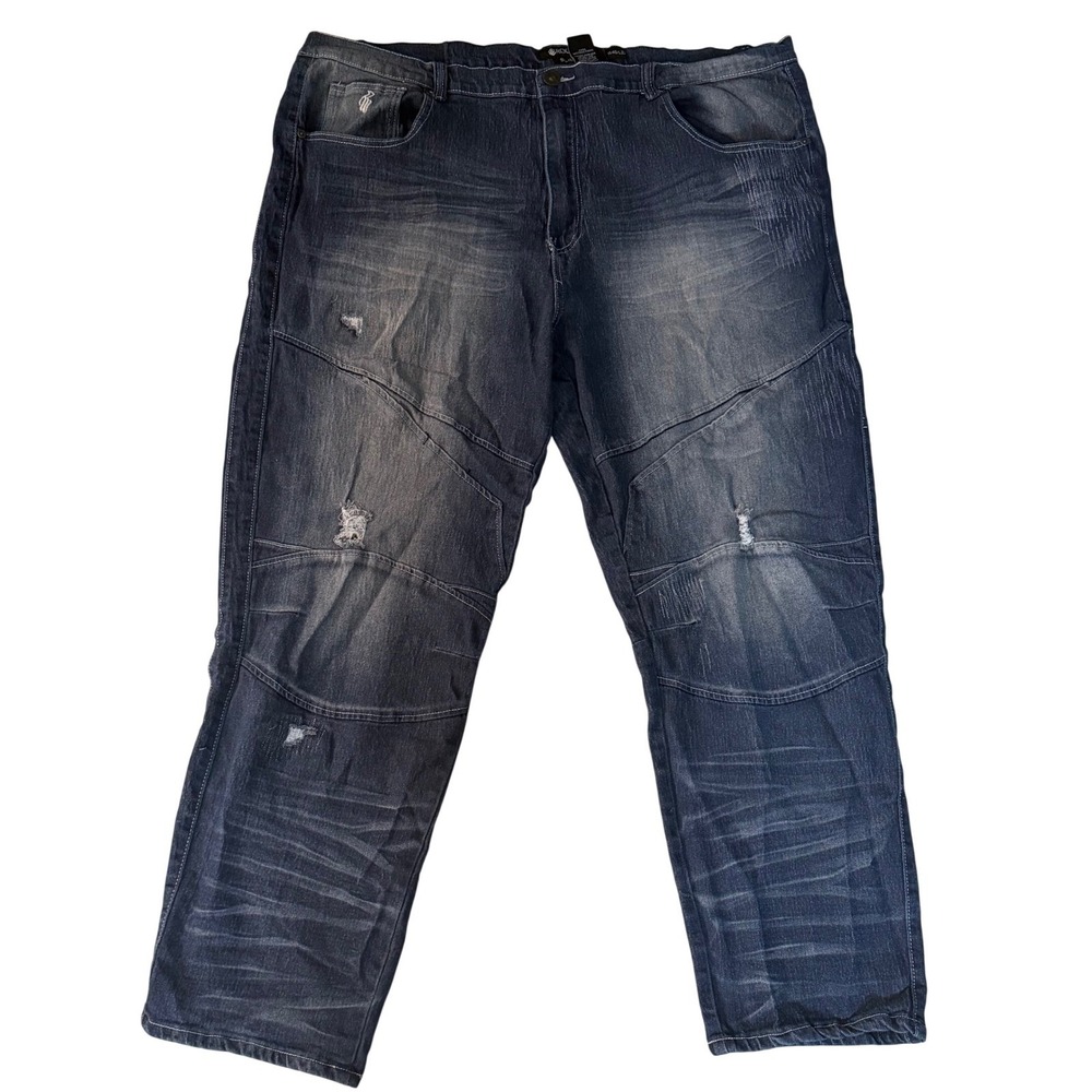 Rocawear Mens Slim Fit Moto Distressed Blue Jeans W46 L32 Dark Wash Stretch